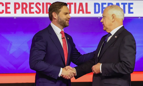 JD Vance and Tim Walz shake hands at VP Debate
