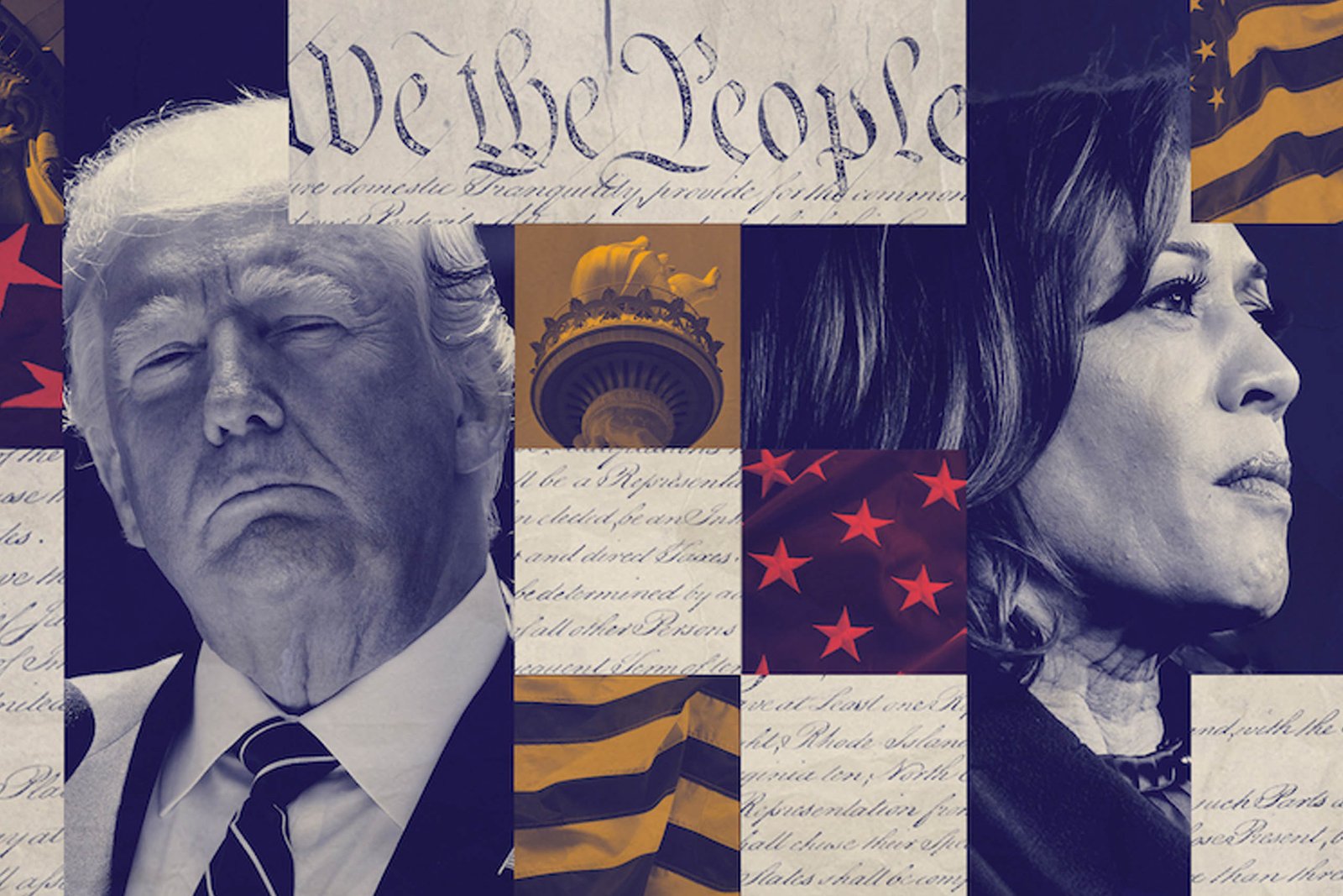 A collage of President Donald Trump, VP Kamala Harris, and patriotic symbols